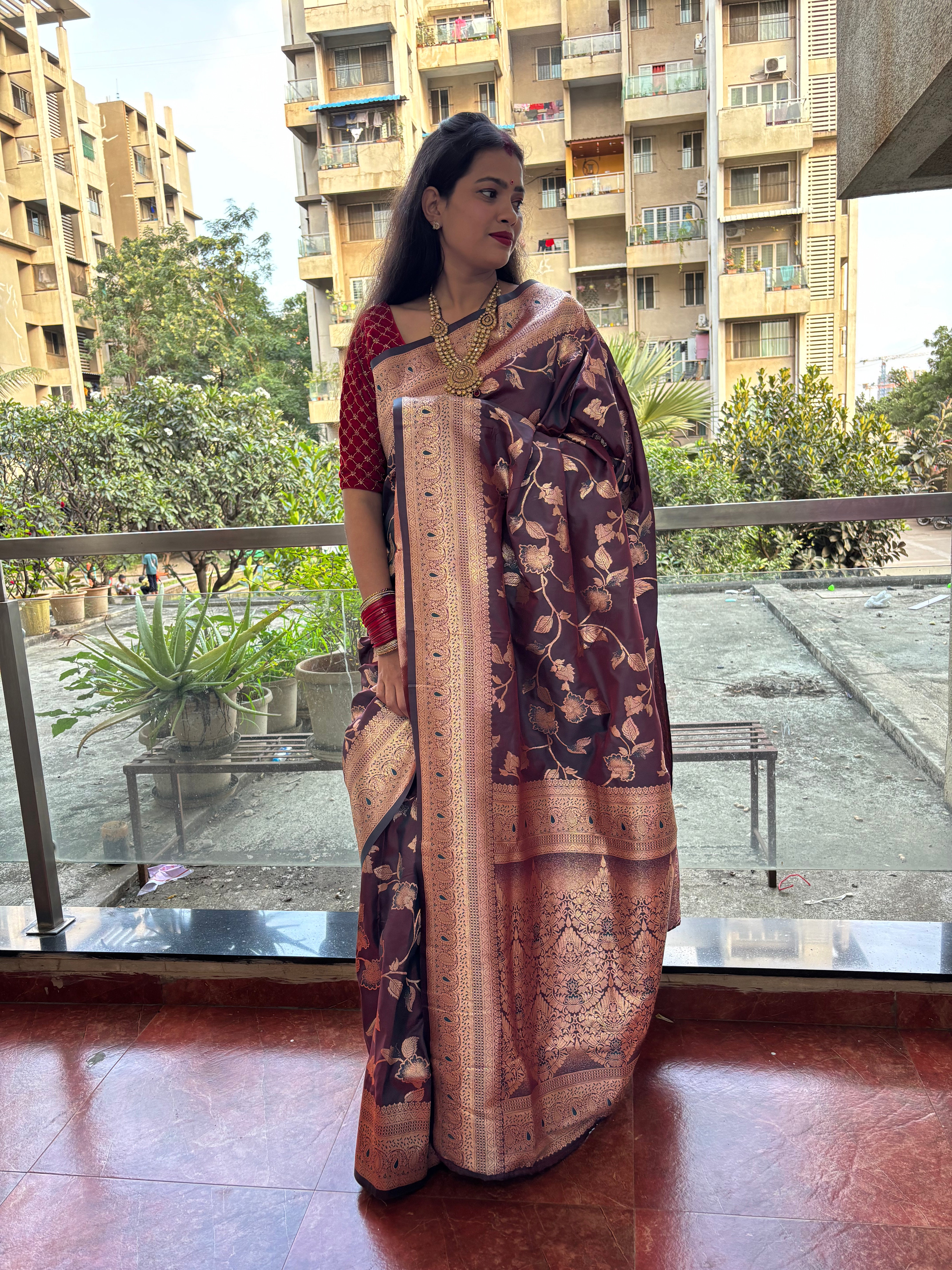 Majestic Maroon Banarasi Silk Saree with Golden Floral Weave